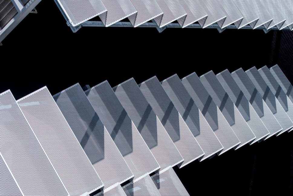 Project: The Service Union Bld- Decorative Facade Location: 32 Peel St, South Brisbane Designer: Architectus Fabricator: ATB Metal Fab Product: Folded Perf – R09551A530 profile Powder coated white